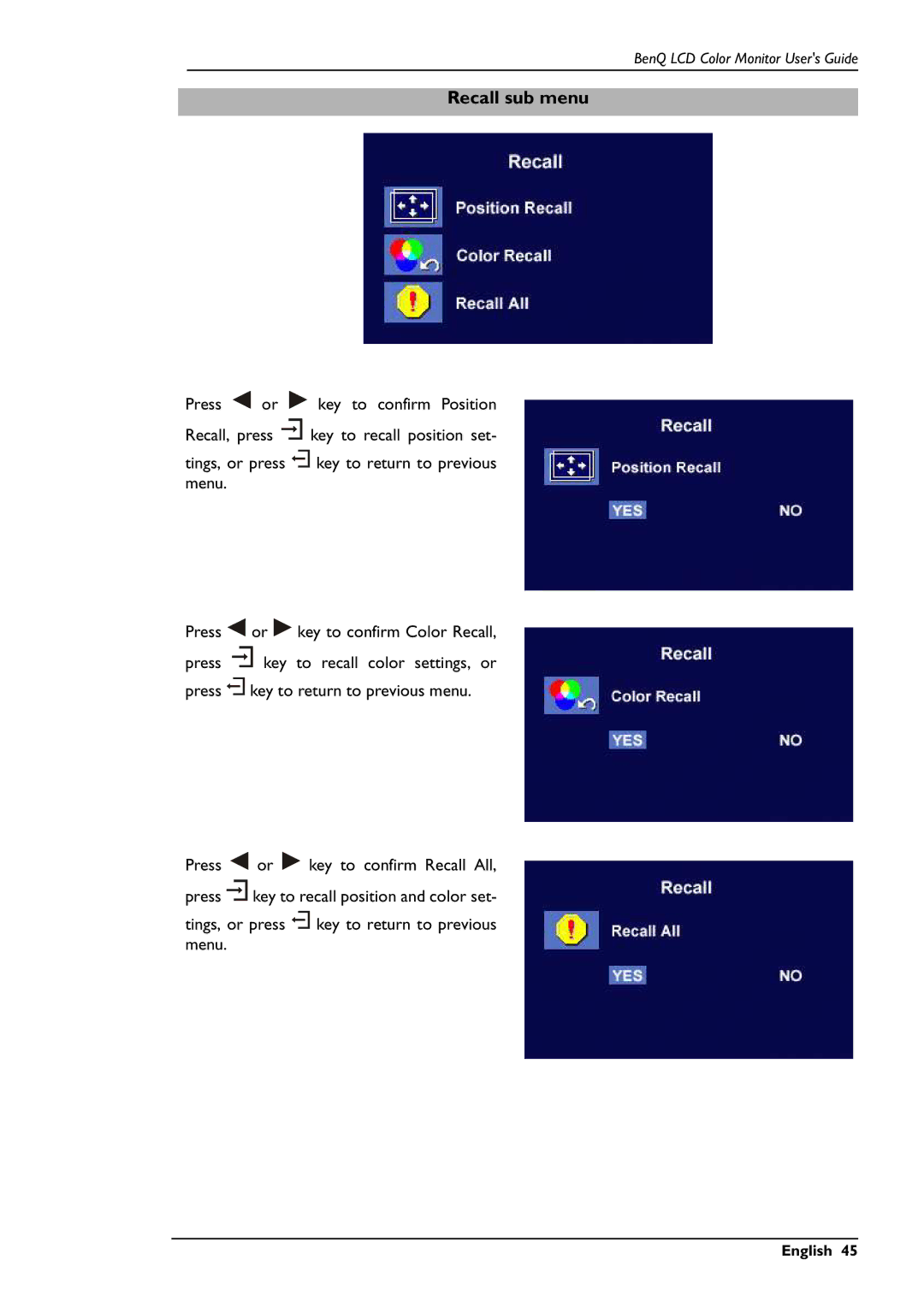 BenQ FP591 user manual Recall sub menu 