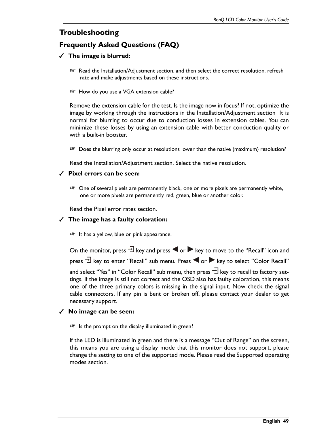 BenQ FP591 user manual Troubleshooting, Frequently Asked Questions FAQ 