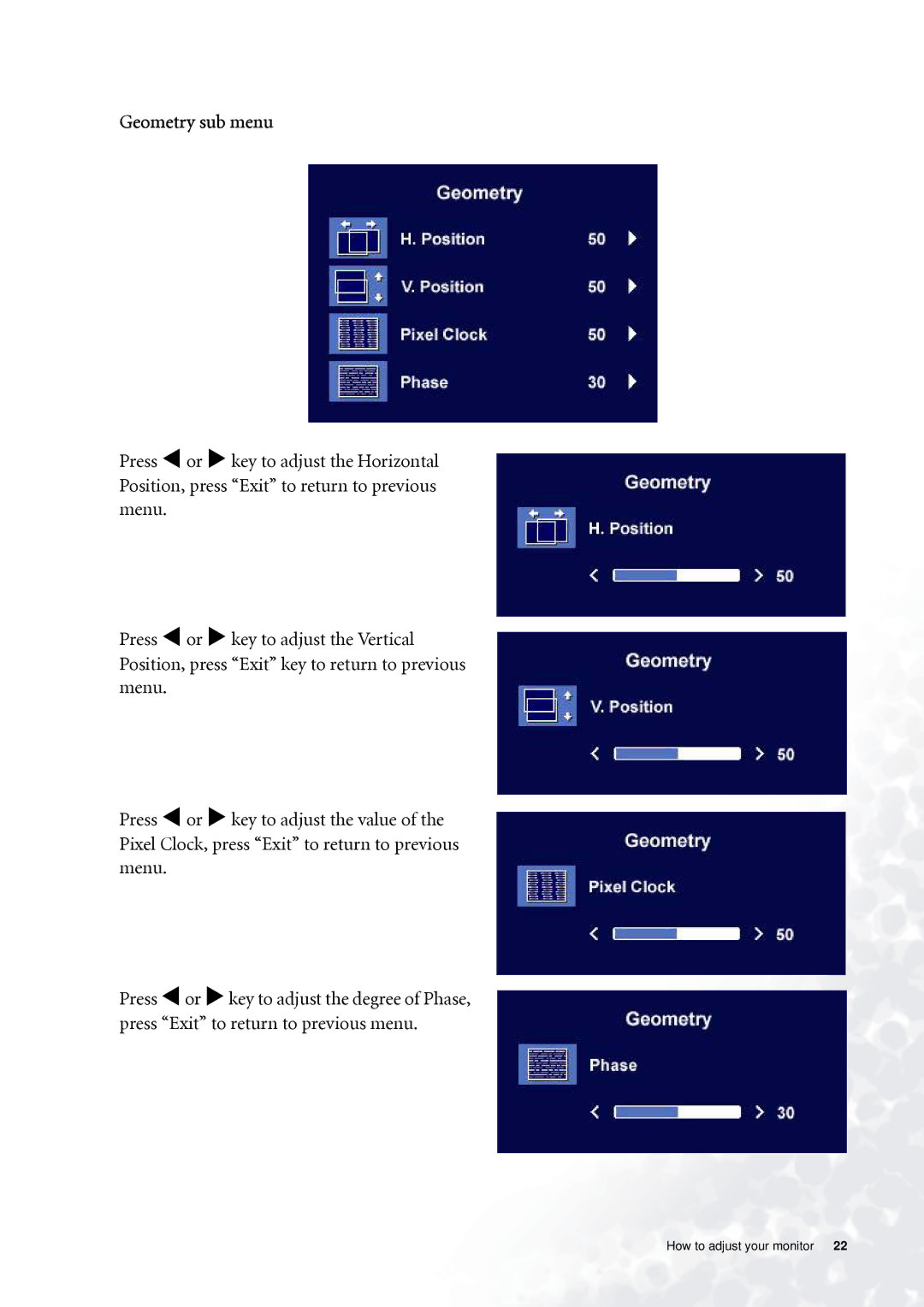 BenQ FP71G+ user manual Geometry sub menu 