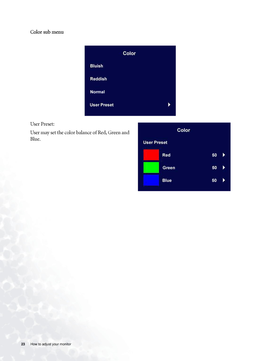 BenQ FP71G+ user manual Color sub menu 