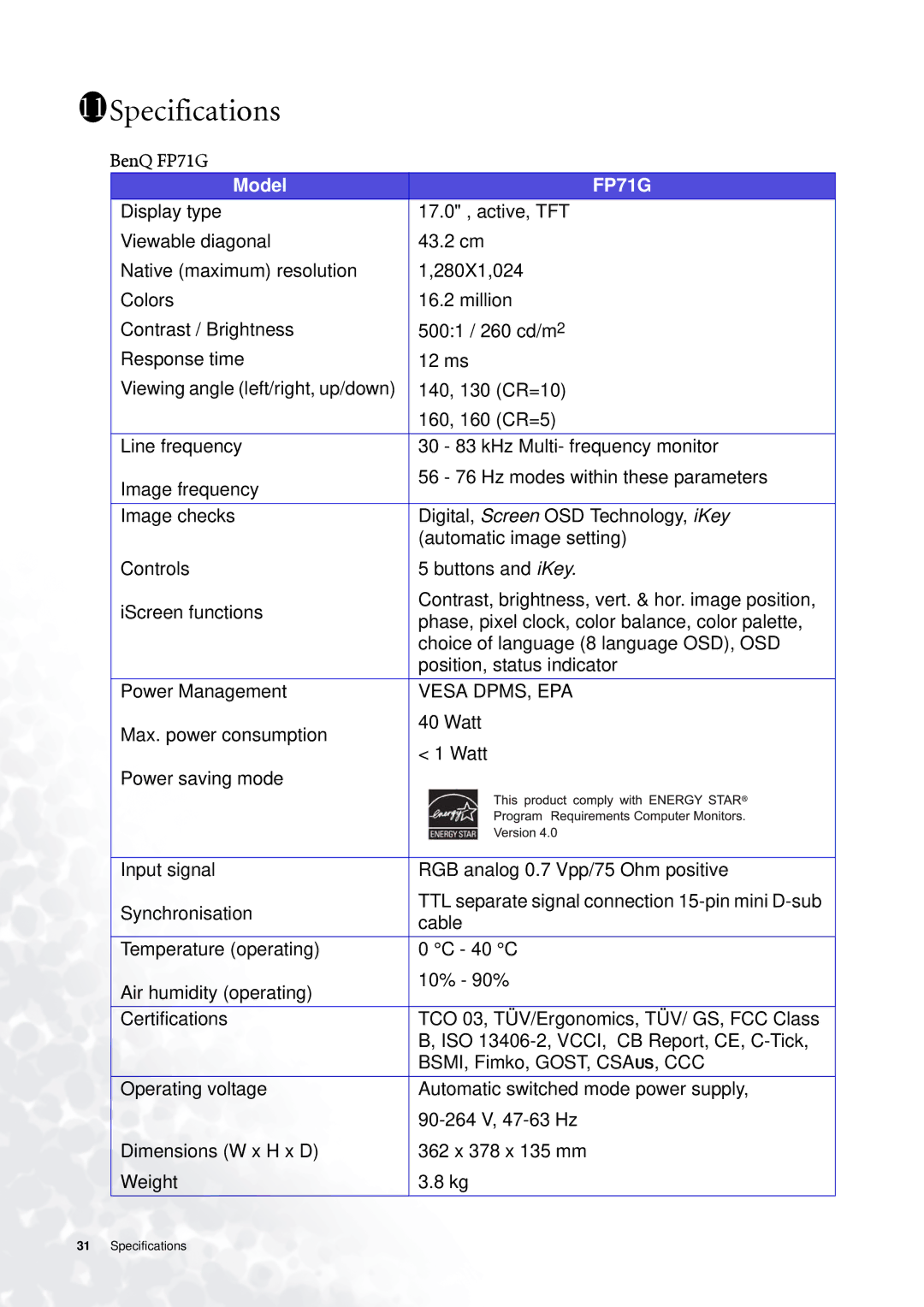 BenQ FP71G+ user manual Specifications, BenQ FP71G 