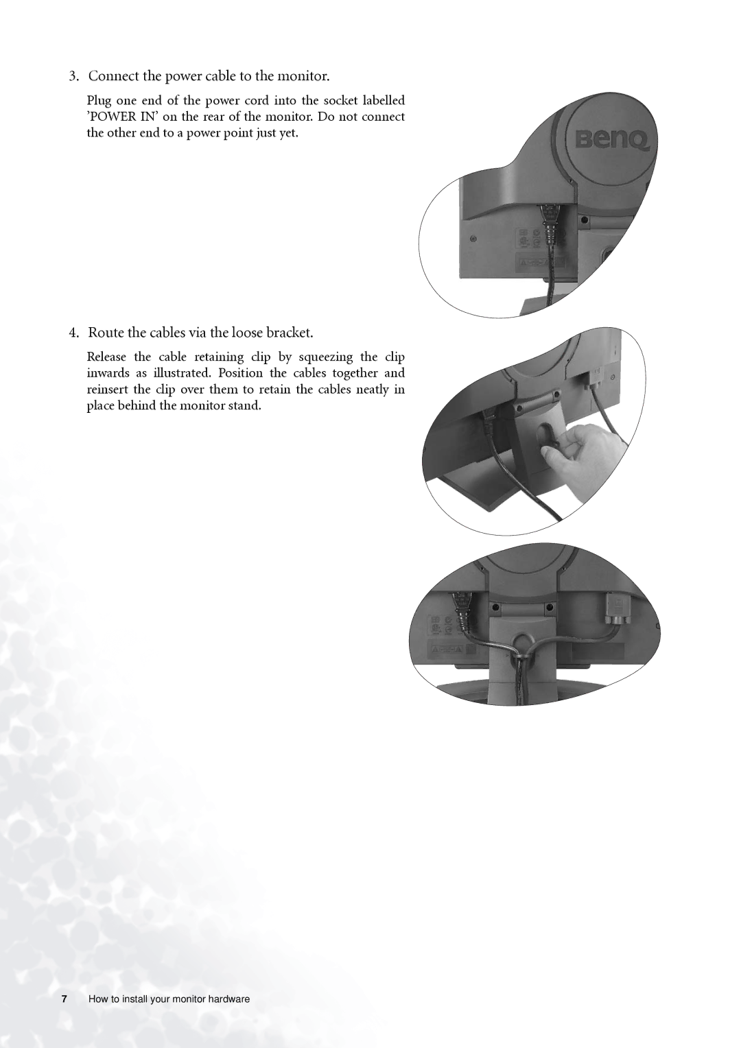 BenQ FP71G+ user manual Connect the power cable to the monitor 