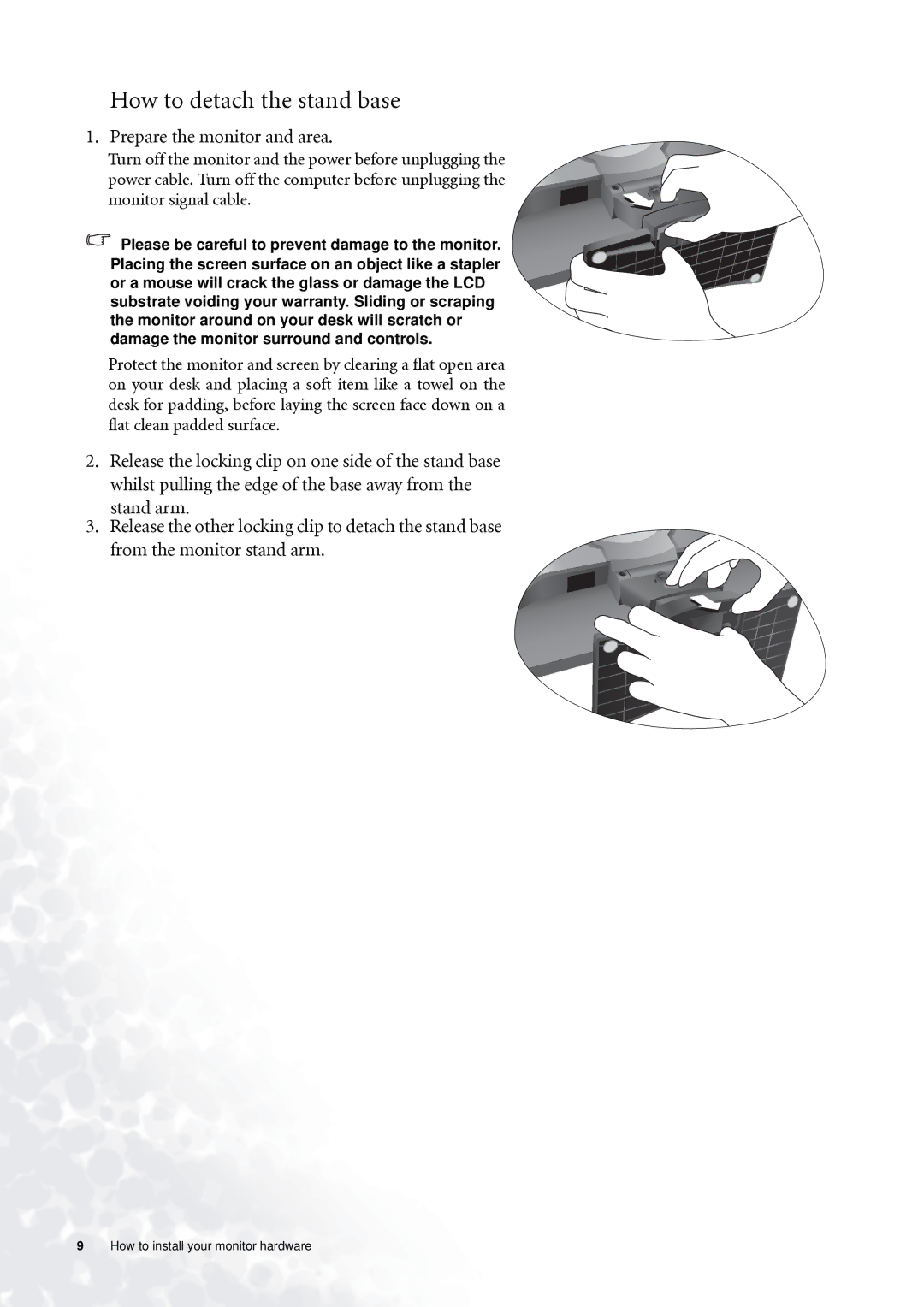 BenQ FP71G+ user manual How to detach the stand base, Prepare the monitor and area 