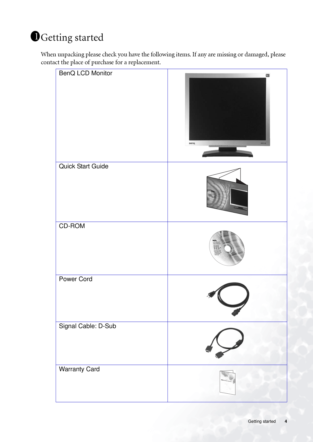 BenQ FP71G 111Getting started, BenQ LCD Monitor Quick Start Guide CD-ROM, Power Cord Signal Cable D-Sub Warranty Card 