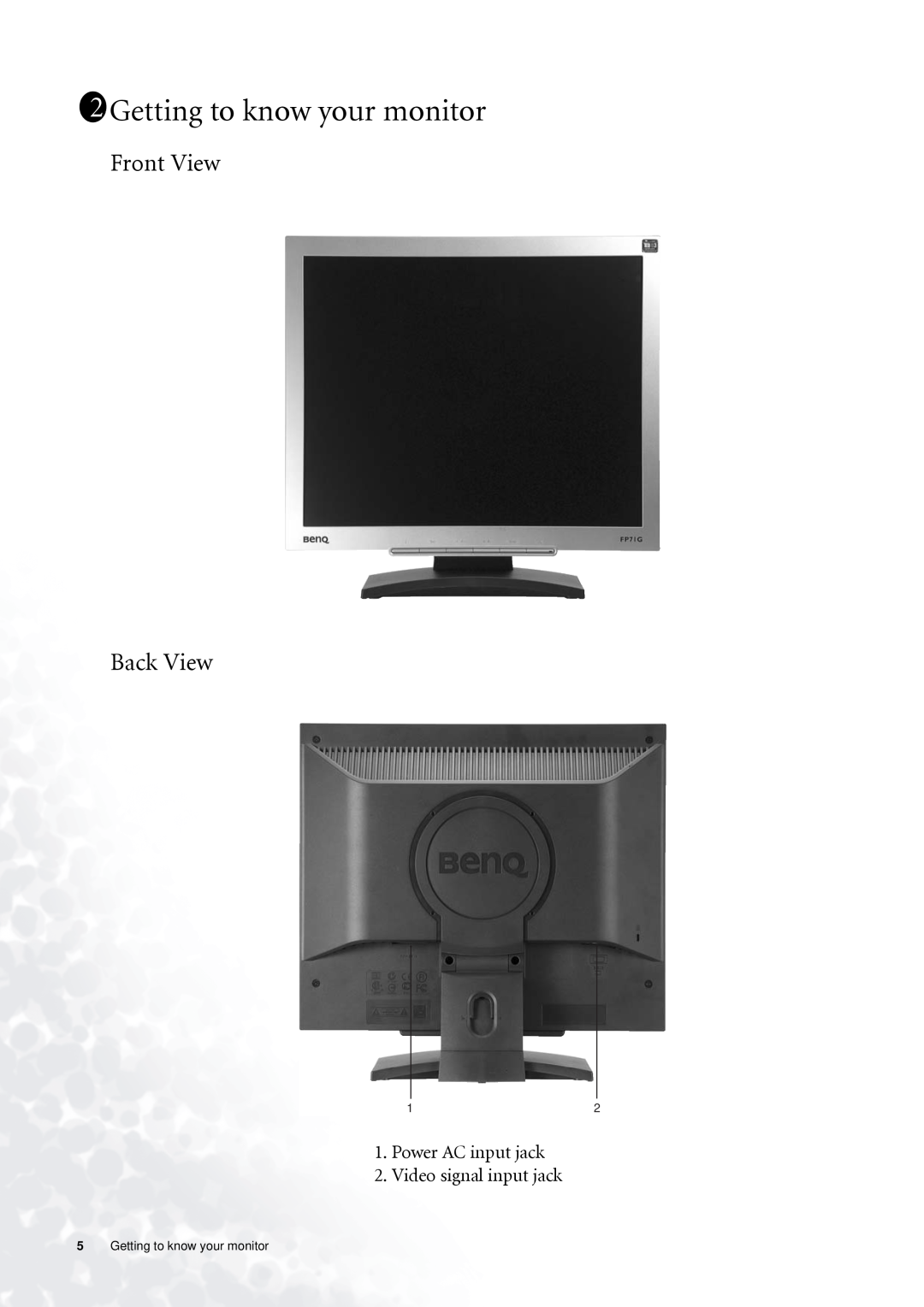 BenQ FP71G+ user manual 1211Getting to know your monitor, Front View Back View 
