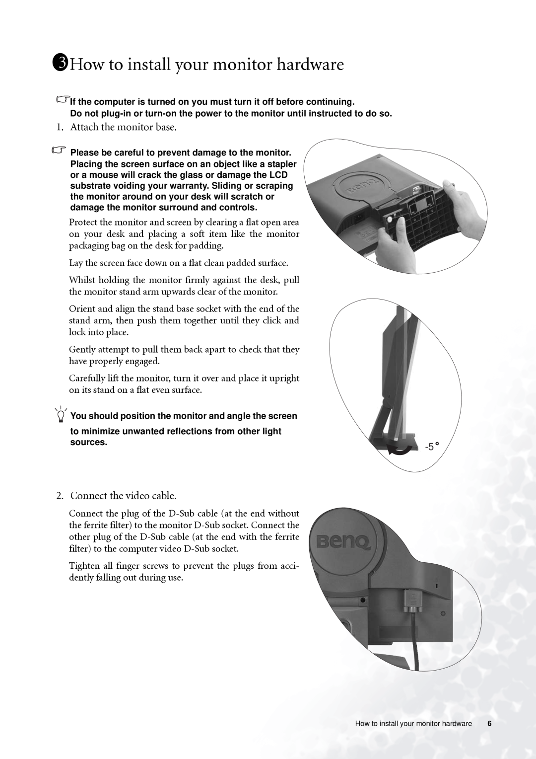 BenQ FP71G+ user manual 1311How to install your monitor hardware, Attach the monitor base, Connect the video cable 