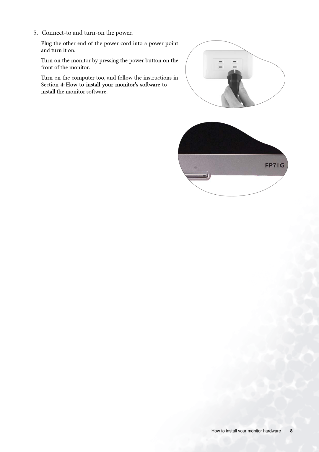 BenQ FP71G+ user manual Connect-to and turn-on the power 