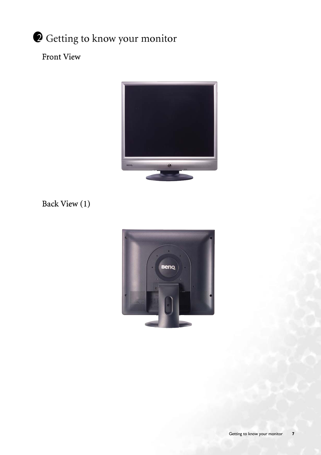 BenQ FP71V+ user manual Getting to know your monitor, Front View Back View 