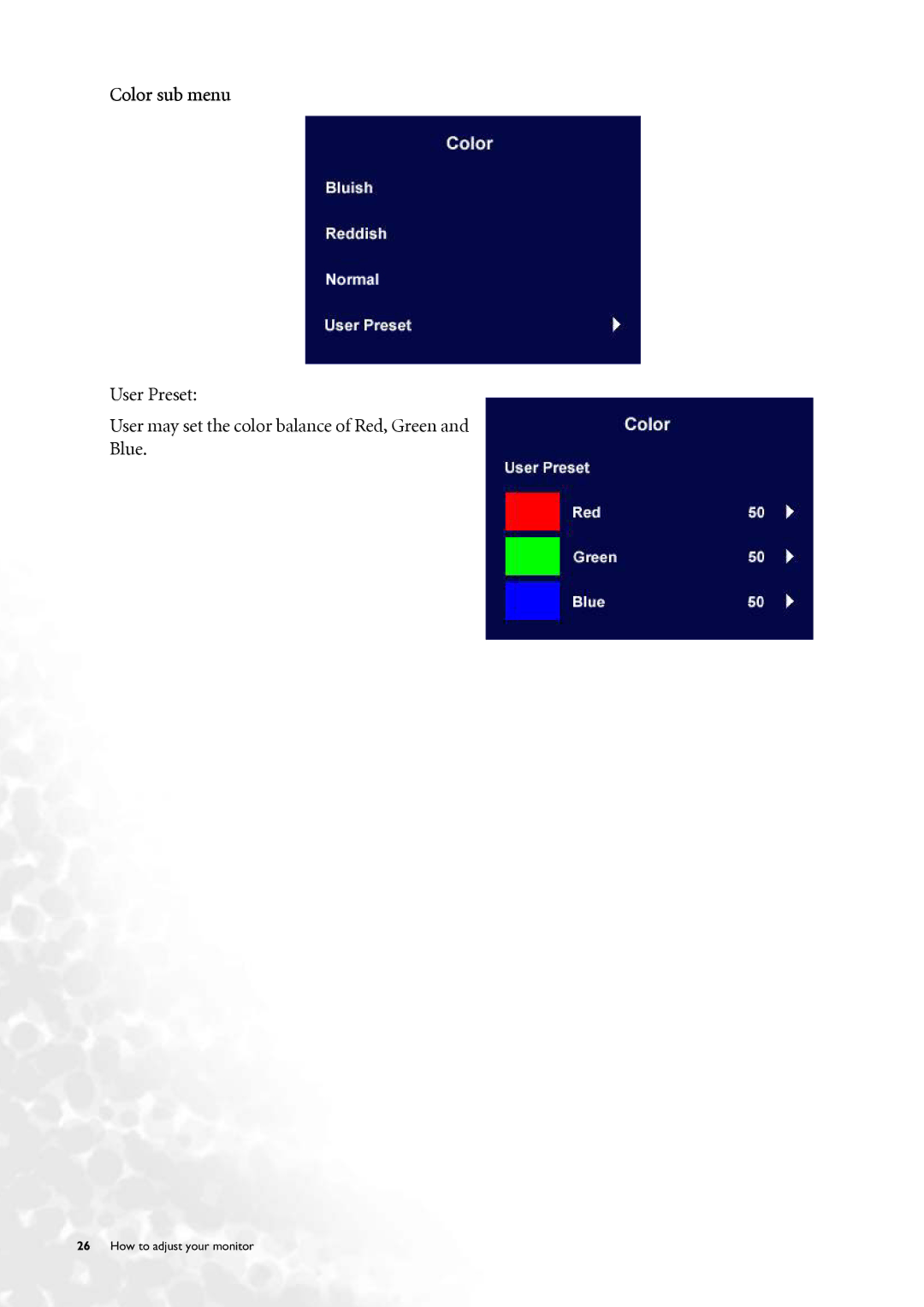 BenQ FP71V+ user manual Color sub menu 