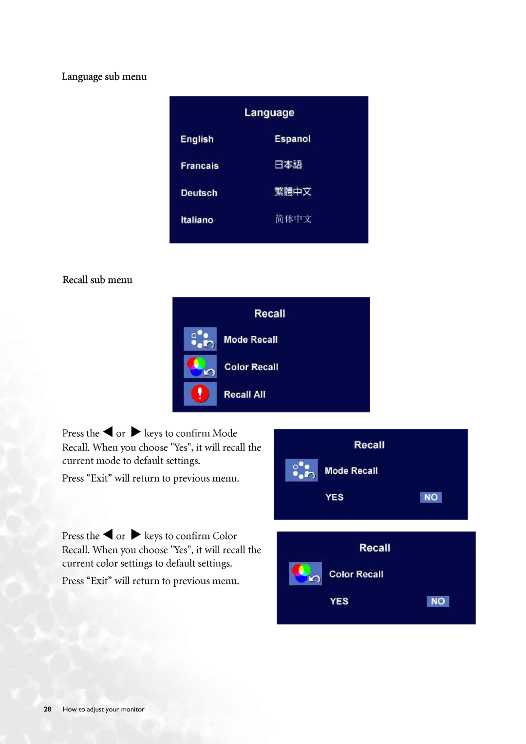 BenQ FP71V+ user manual Language sub menu Recall sub menu 