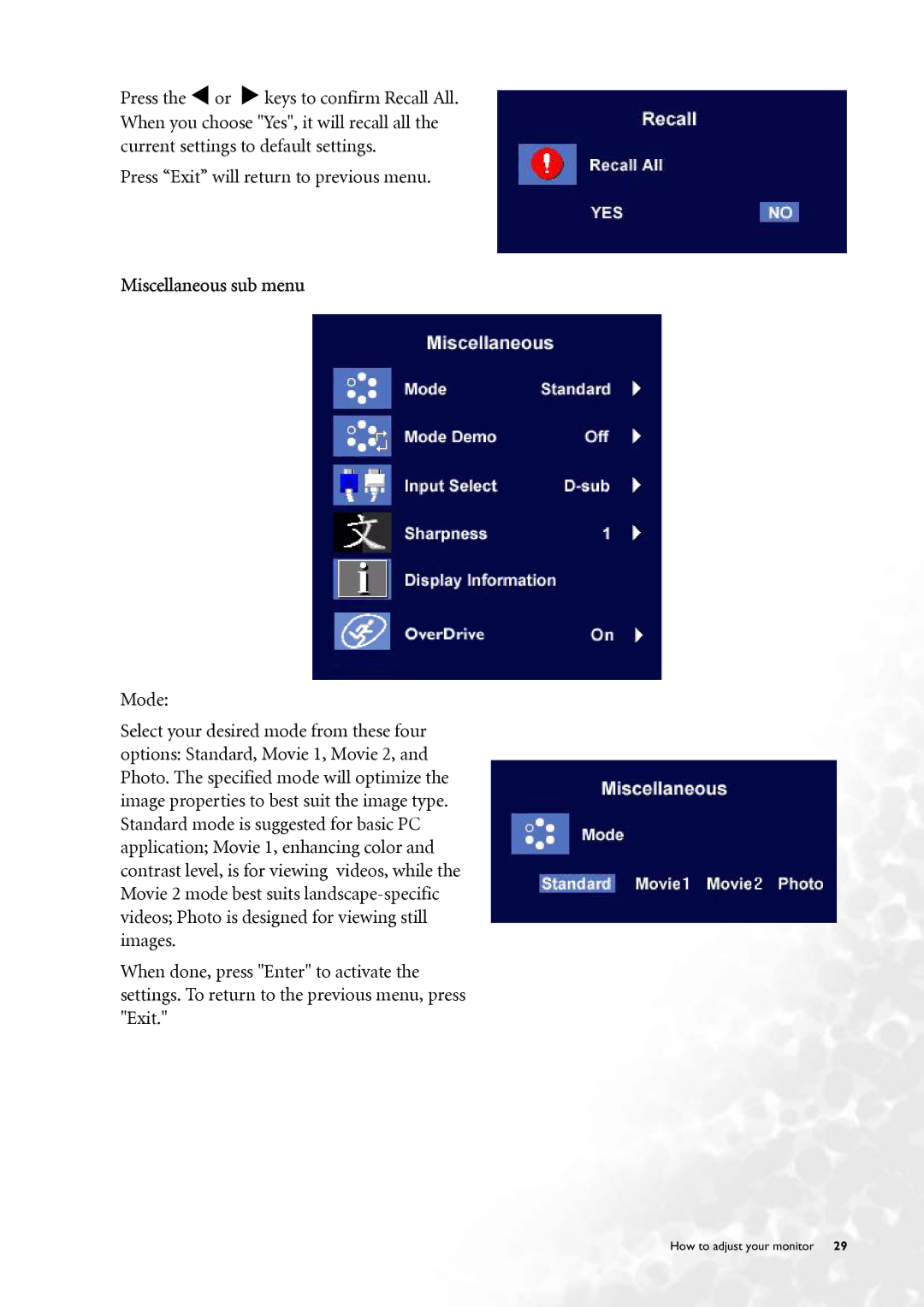 BenQ FP71V+ user manual Miscellaneous sub menu 