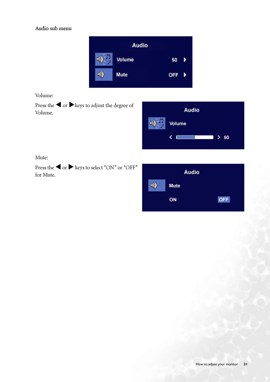 BenQ FP71V+ user manual Audio sub menu 