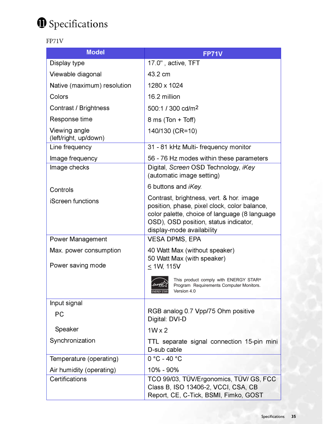 BenQ FP71V+ user manual Specifications 