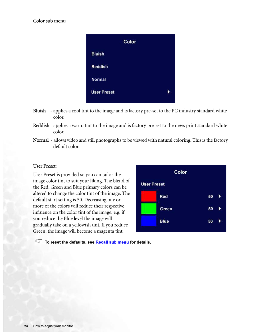 BenQ FP72G user manual Color sub menu, User Preset 