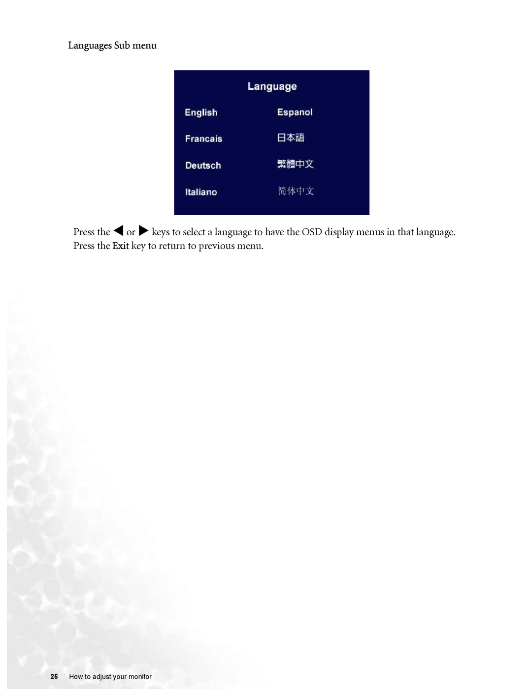 BenQ FP72G user manual Languages Sub menu 