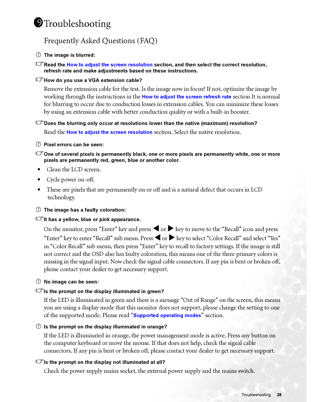 BenQ FP72G user manual 1911Troubleshooting, Frequently Asked Questions FAQ 