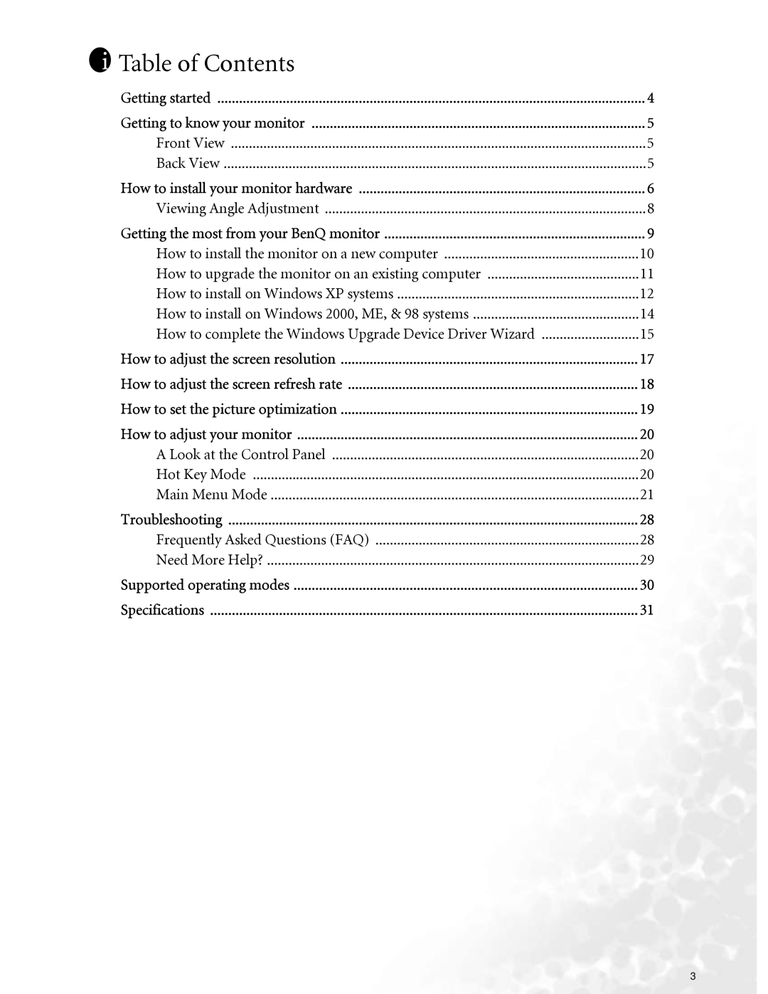 BenQ FP72G user manual Table of Contents 