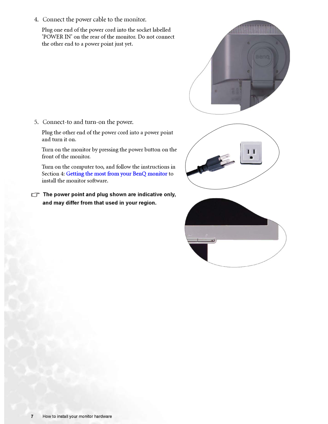 BenQ FP72G user manual Connect the power cable to the monitor, Connect-to and turn-on the power 