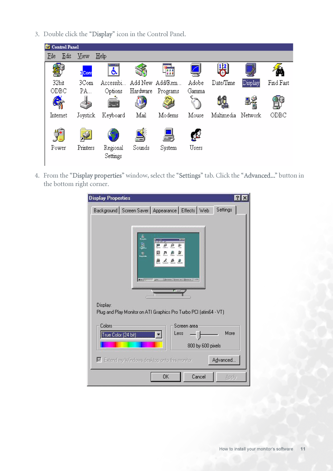 BenQ FP731 user manual Double click the “Display” icon in the Control Panel, How to install your monitor’s software 