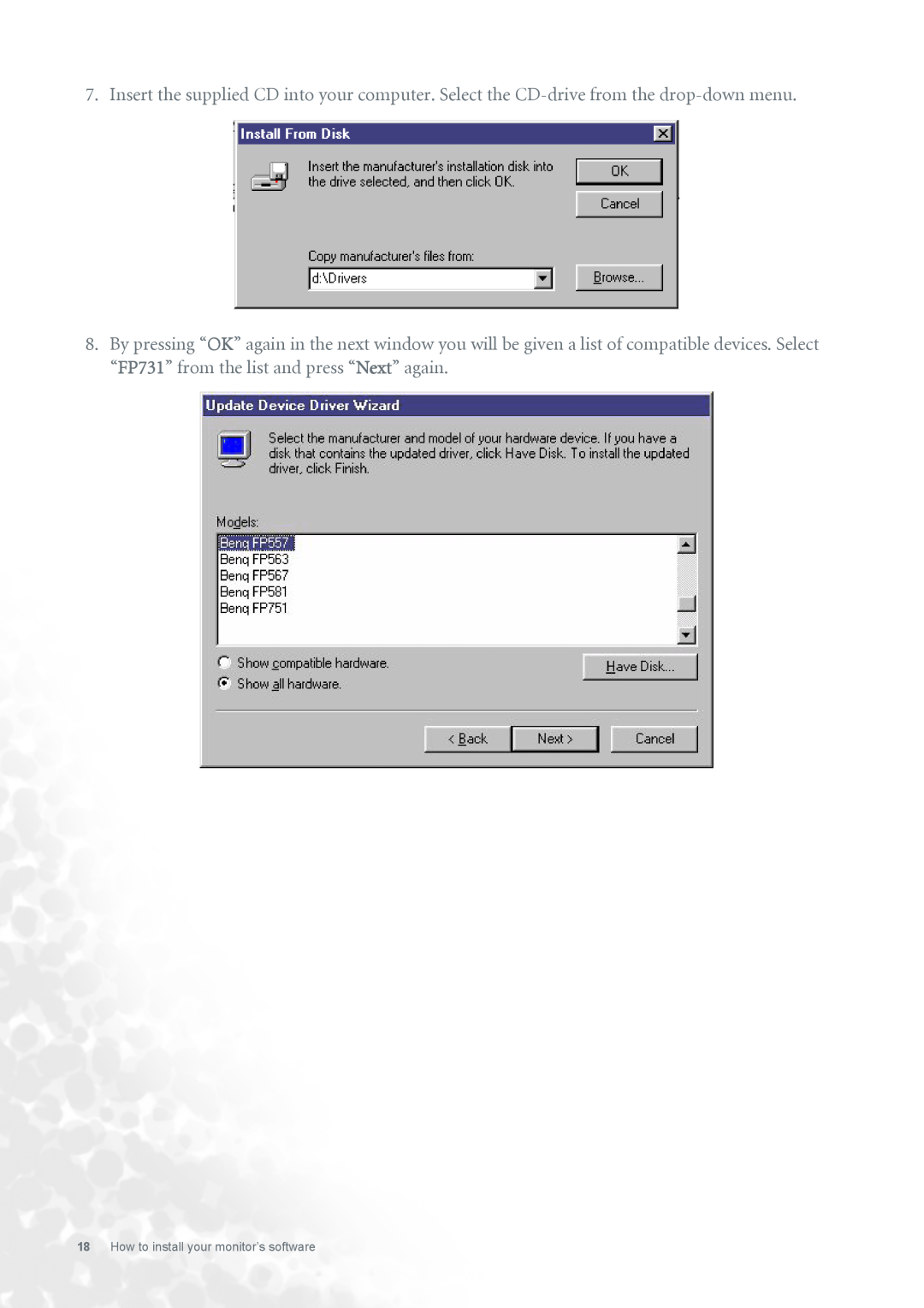 BenQ FP731 user manual How to install your monitor’s software 