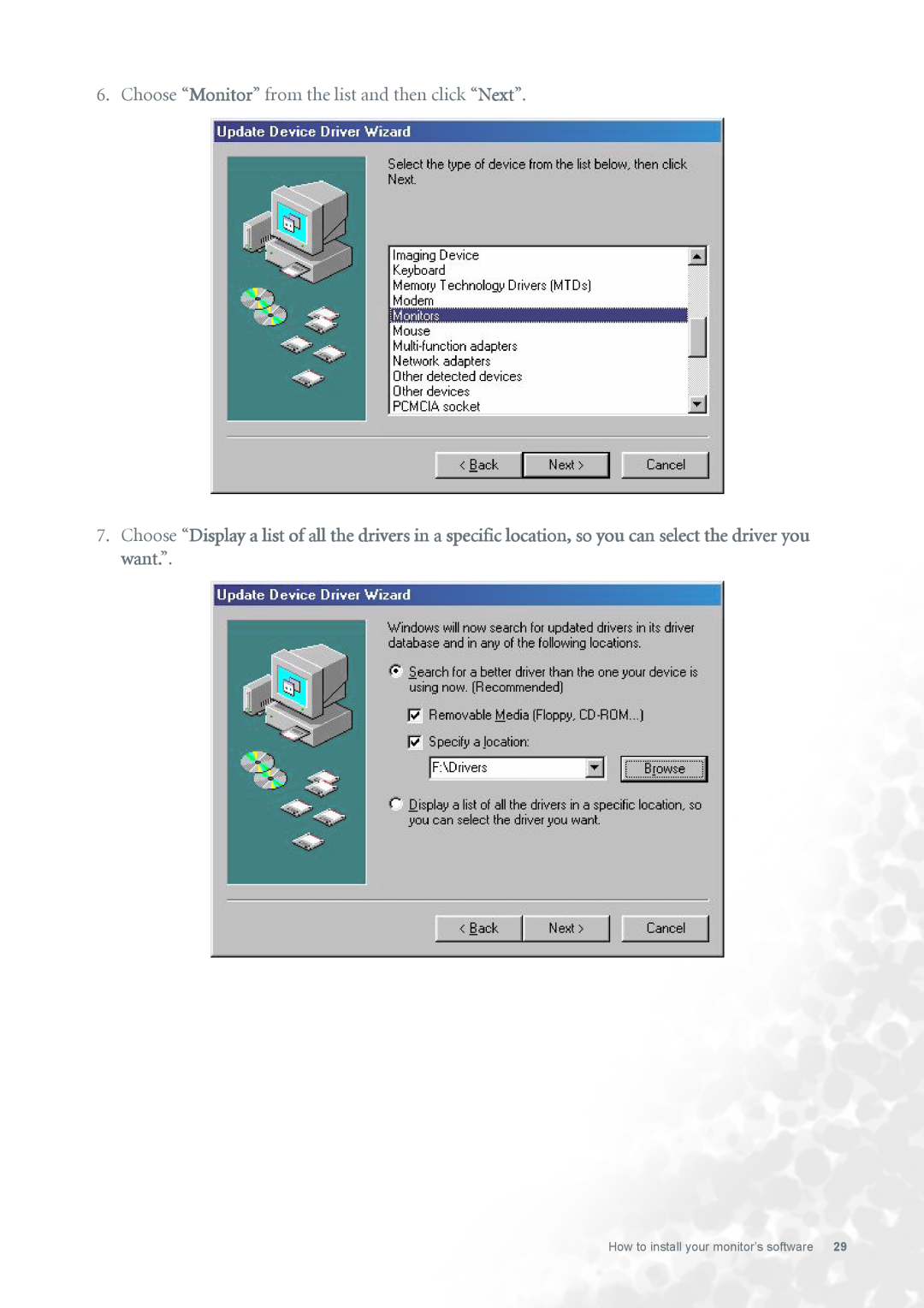 BenQ FP731 user manual Choose “Monitor” from the list and then click “Next”, How to install your monitor’s software 