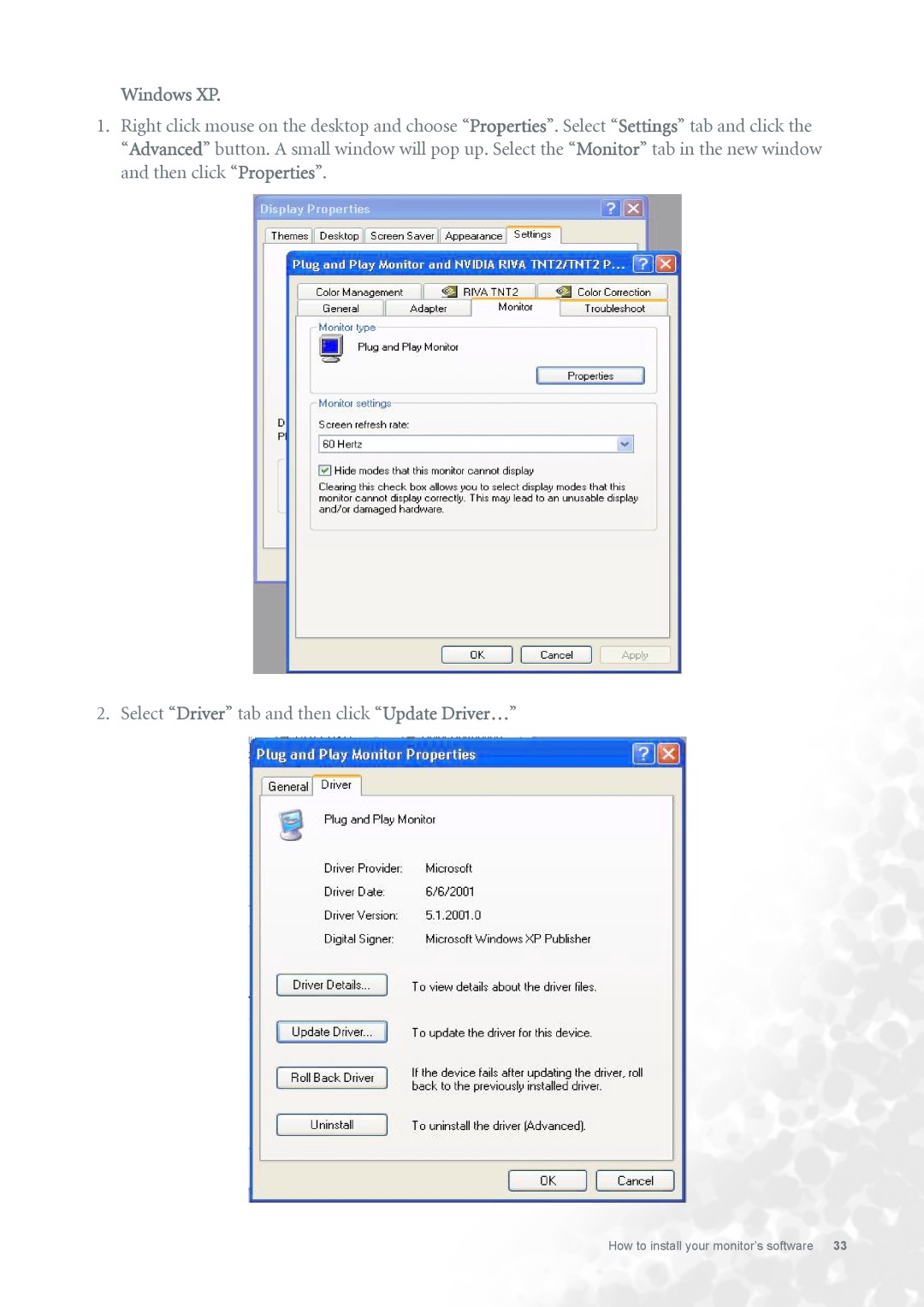 BenQ FP731 Windows XP, Select “Driver” tab and then click “Update Driver…”, How to install your monitor’s software 