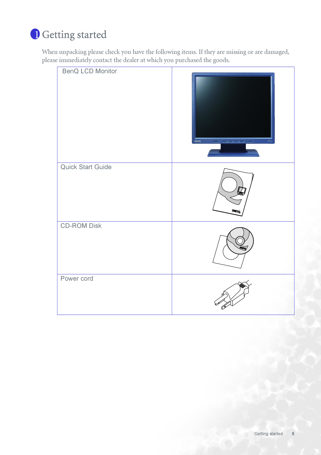 BenQ FP731 user manual Getting started, BenQ LCD Monitor Quick Start Guide CD-ROM Disk Power cord 