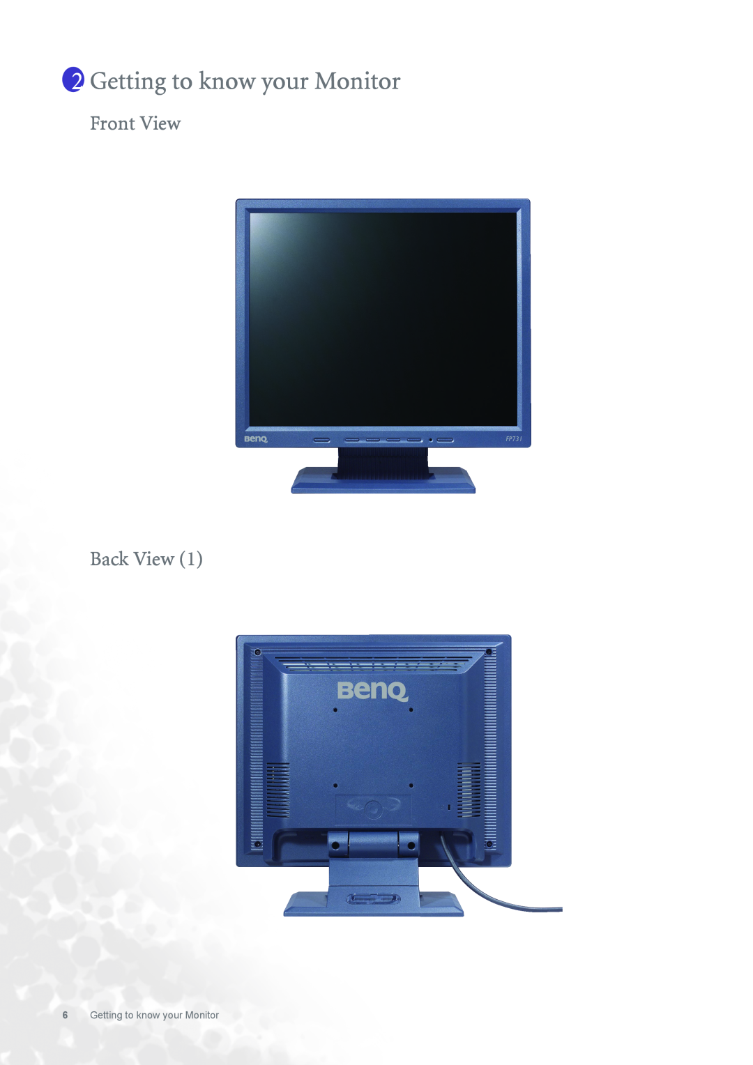 BenQ FP731 user manual Getting to know your Monitor, Front View Back View 