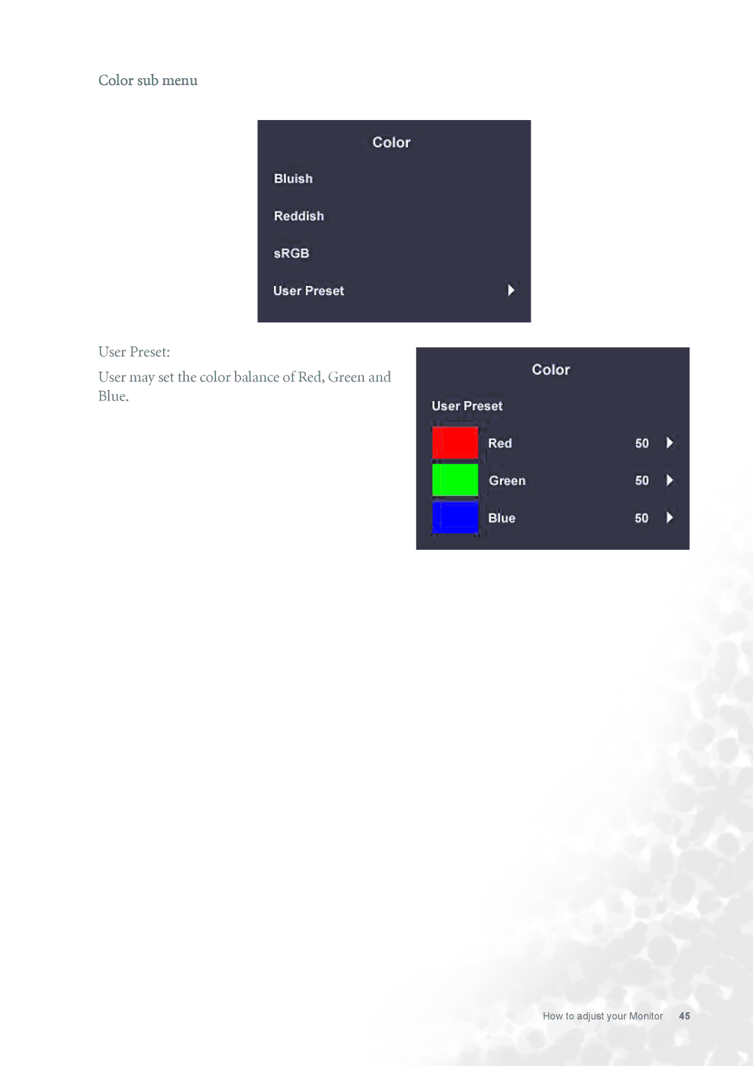 BenQ FP731 user manual Color sub menu 