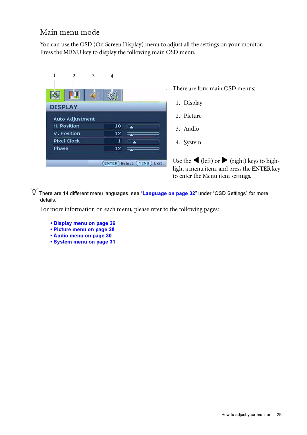 BenQ FP73E user manual Main menu mode 