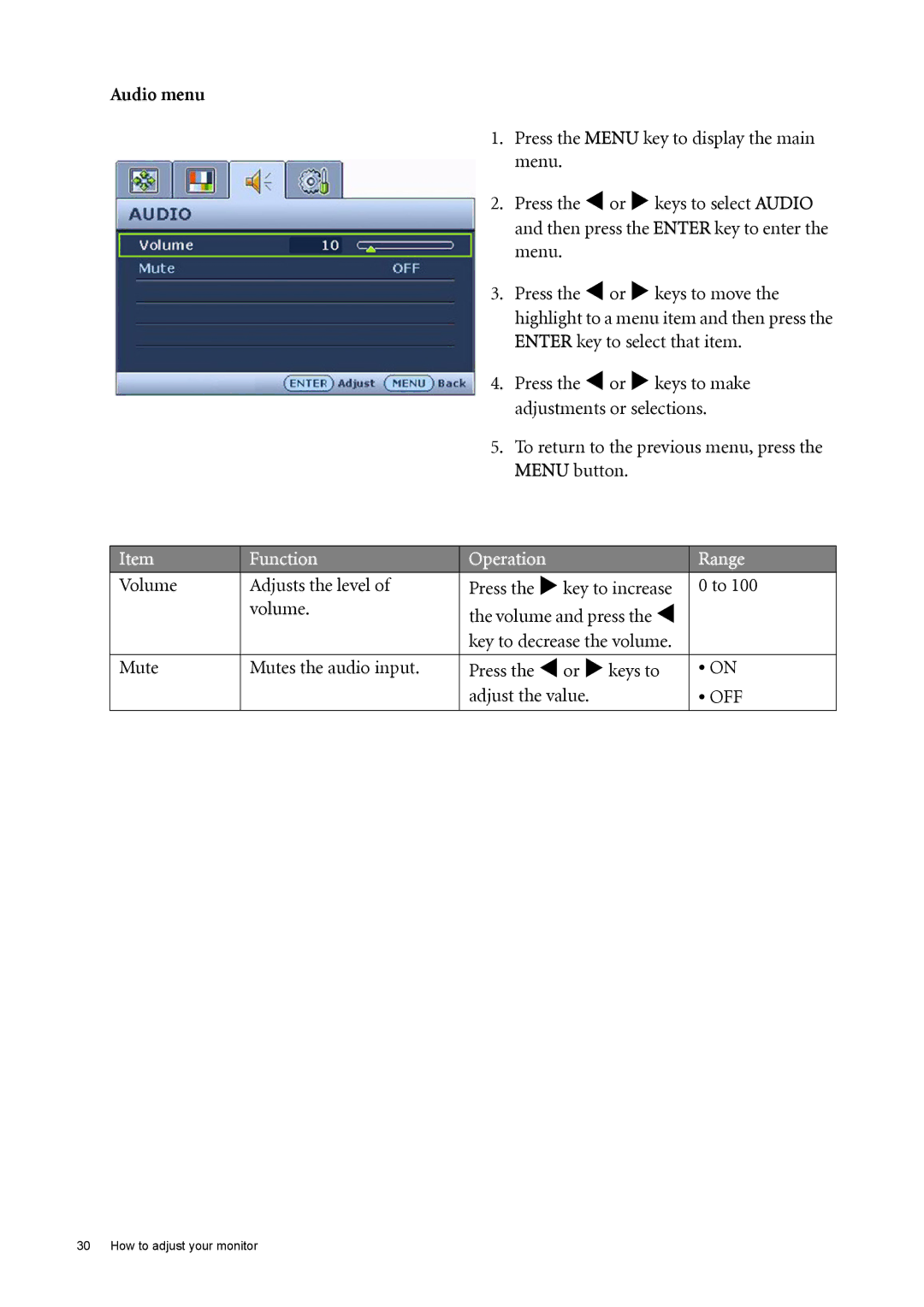 BenQ FP73E user manual Audio menu, Volume Adjusts the level, Volume Volume and press the W, Mute Mutes the audio input 