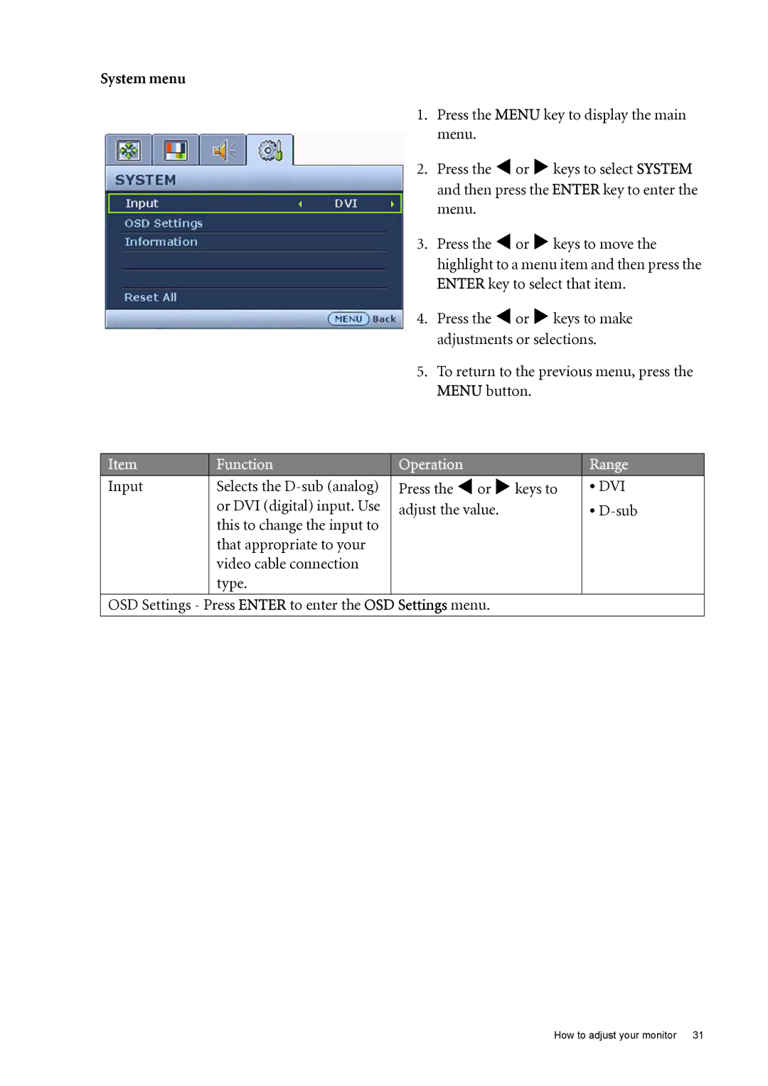 BenQ FP73E user manual System menu, Input 