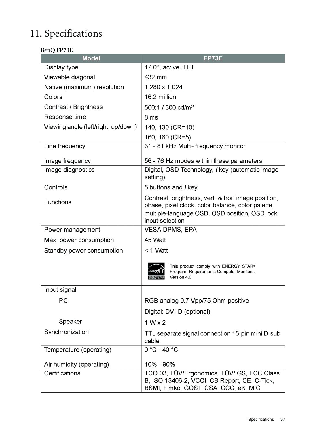 BenQ user manual Specifications, BenQ FP73E 