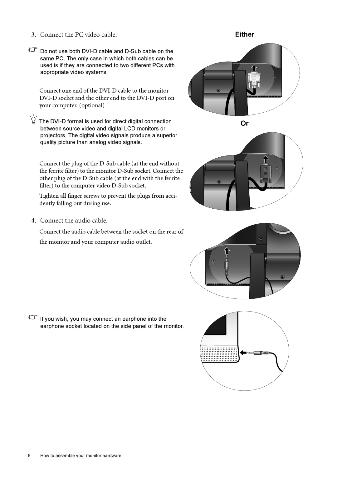 BenQ FP73E user manual Connect the PC video cable, Connect the audio cable, Either 