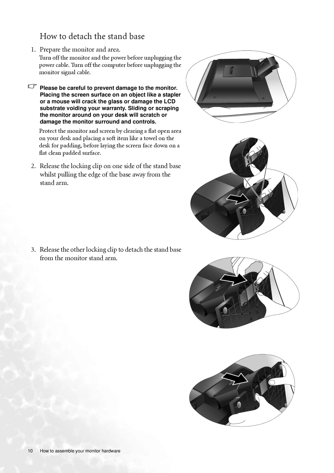 BenQ FP73G user manual How to detach the stand base, Prepare the monitor and area 