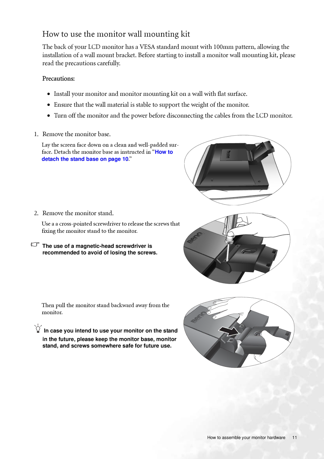 BenQ FP73G user manual How to use the monitor wall mounting kit, Precautions, Remove the monitor stand 