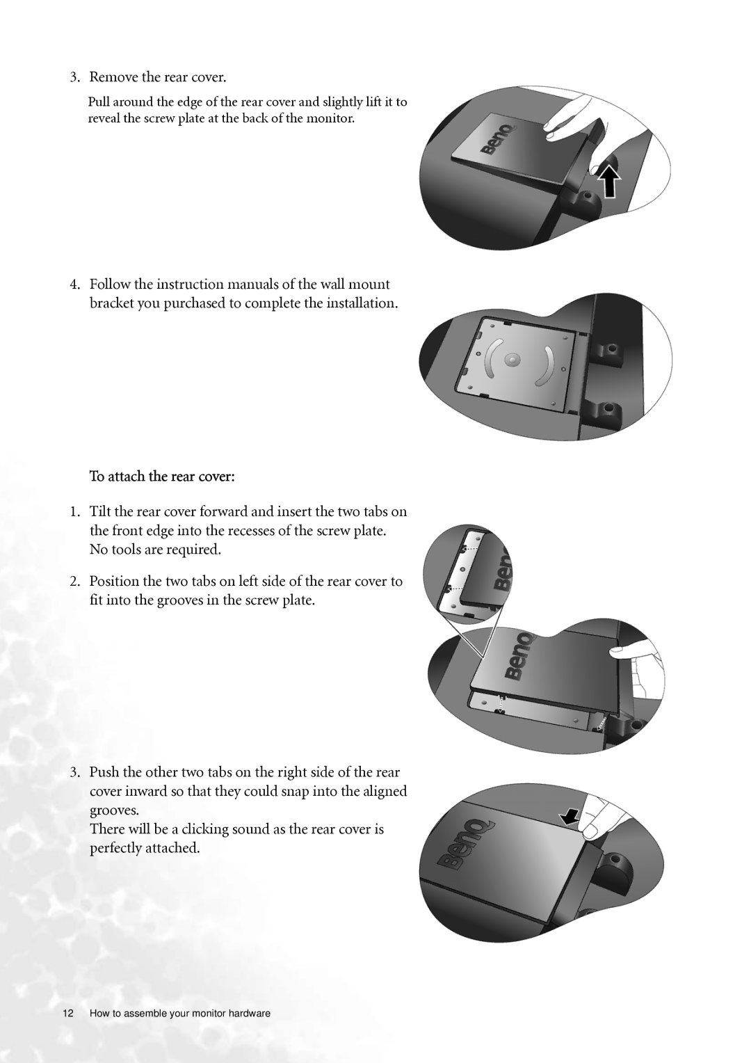 BenQ FP73G user manual Remove the rear cover, To attach the rear cover 