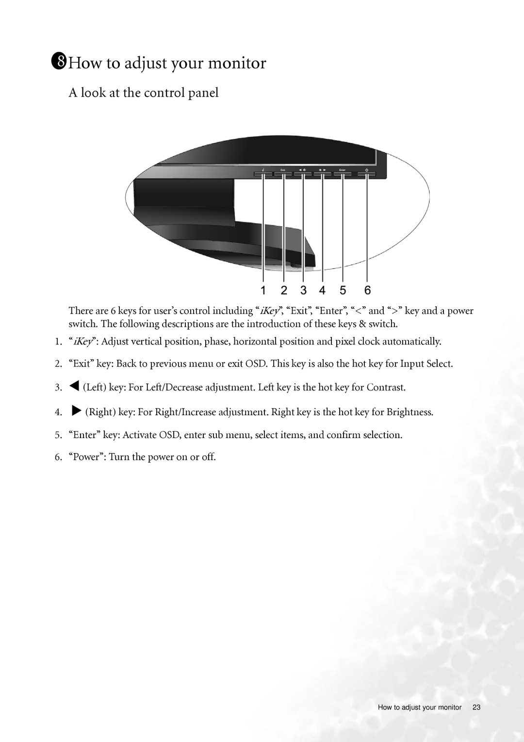 BenQ FP73G user manual 1811How to adjust your monitor, Look at the control panel 