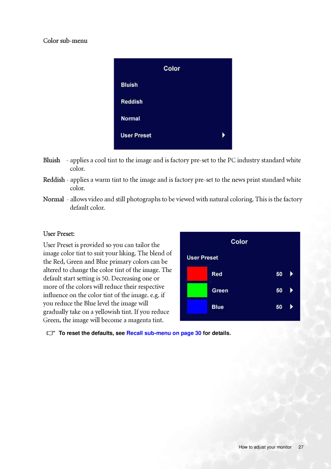 BenQ FP73G user manual Color sub-menu, User Preset 