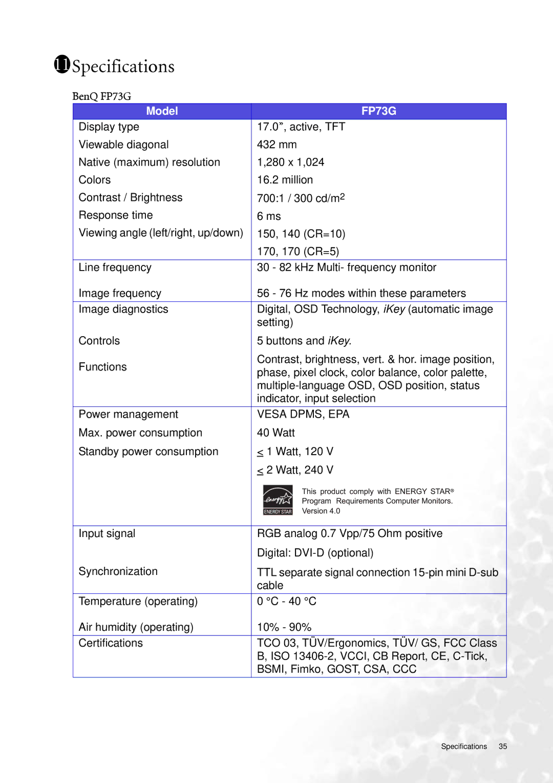 BenQ user manual Specifications, BenQ FP73G 