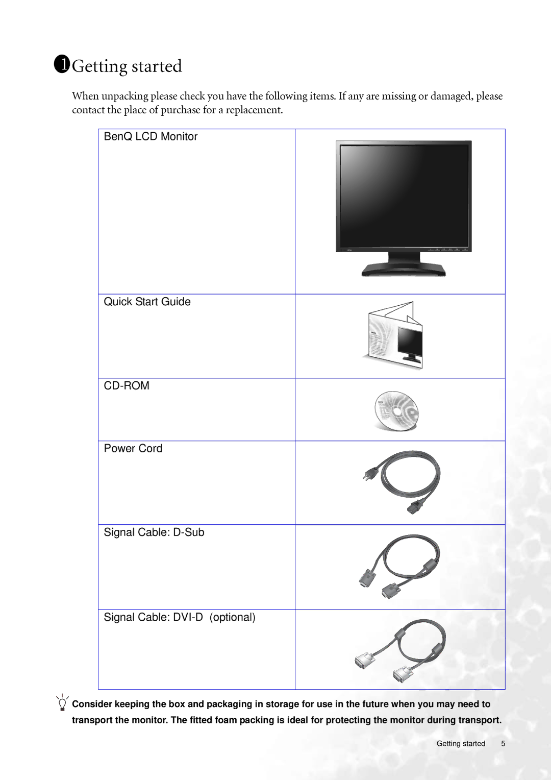 BenQ FP73G user manual 111Getting started, Power Cord Signal Cable D-Sub Signal Cable DVI-D Optional 