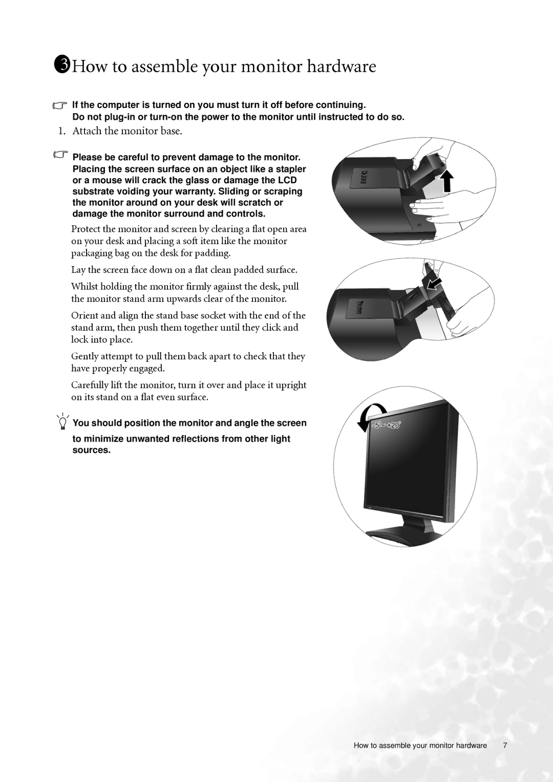 BenQ FP73G user manual 1311How to assemble your monitor hardware, Attach the monitor base 