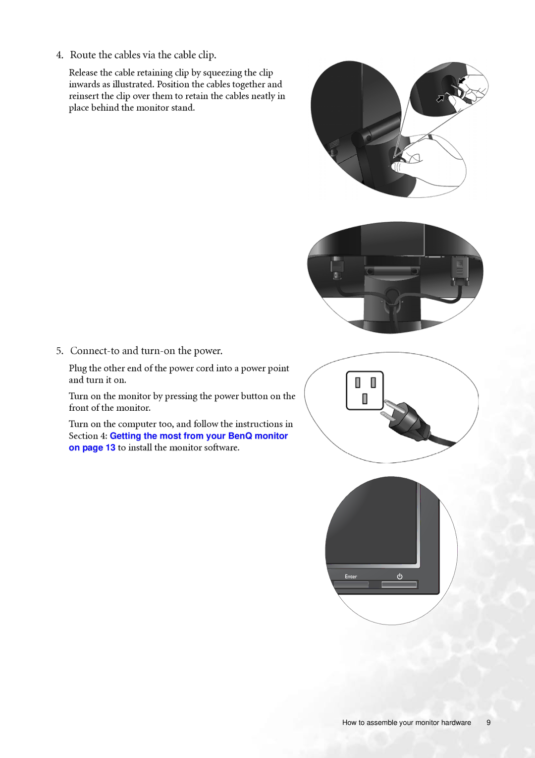 BenQ FP73G user manual Route the cables via the cable clip, Connect-to and turn-on the power 