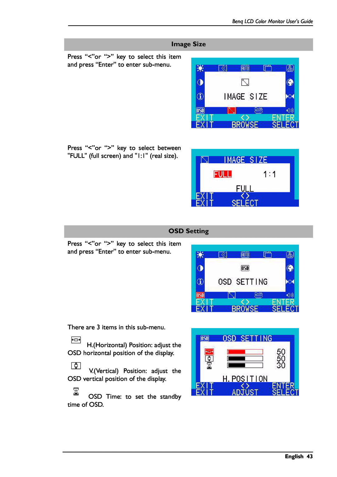 BenQ FP781 user manual Image Size, OSD Setting, Press “”or “” key to select between FULL full screen and 11 real size 