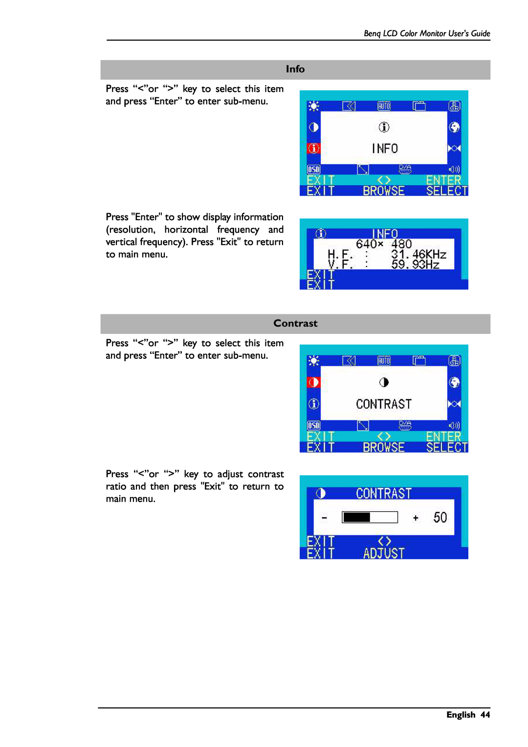 BenQ FP781 user manual Info, Contrast, English 