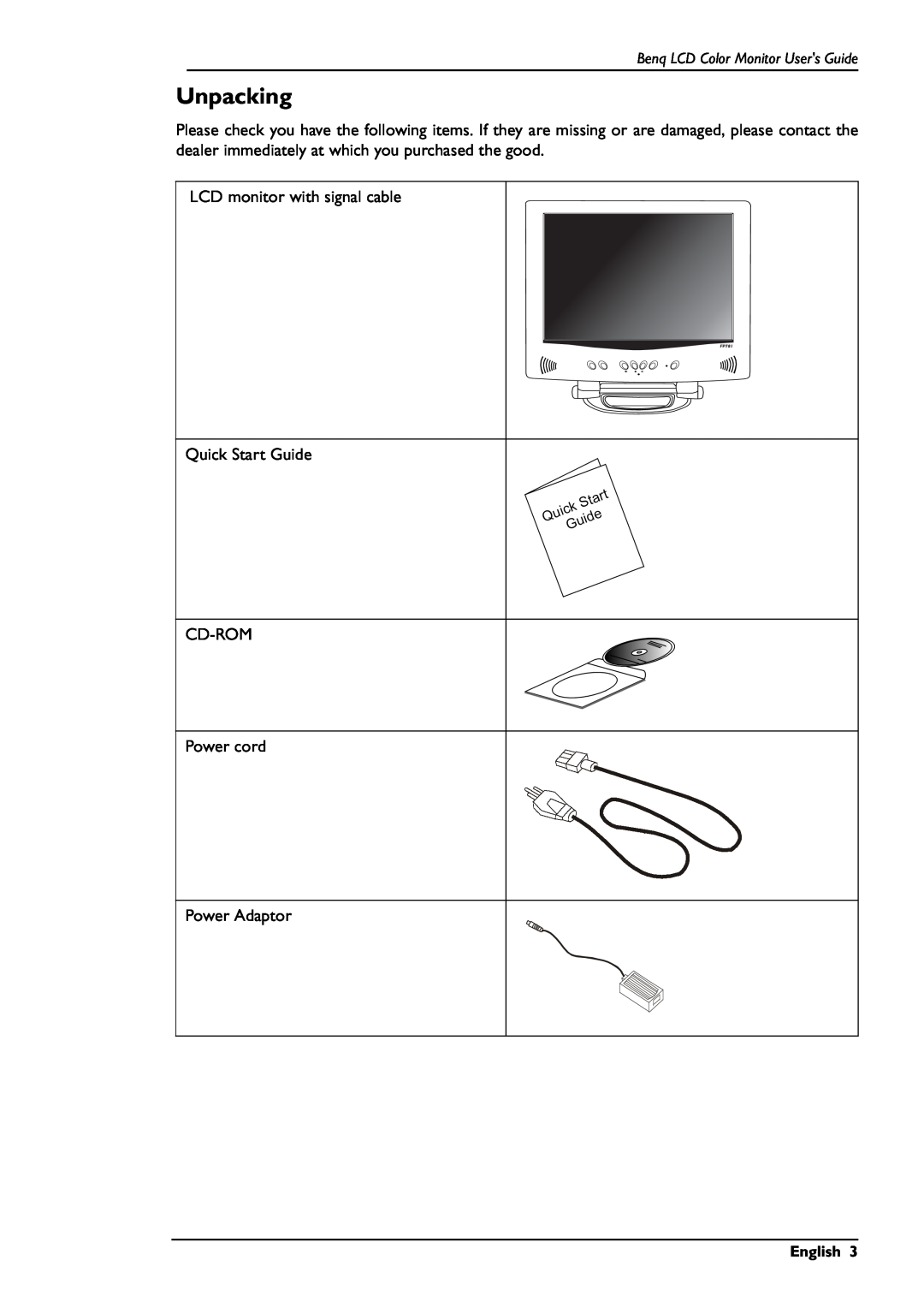 BenQ FP781 Unpacking, Quick Start Guide, Cd-Rom, Power cord, Power Adaptor, Benq LCD Color Monitor Users Guide, English 