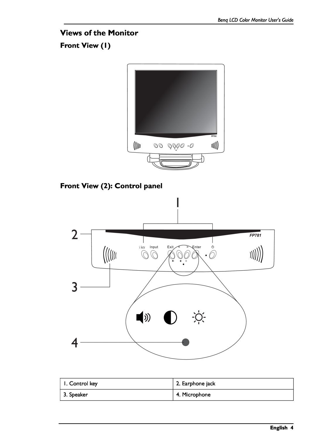 BenQ FP781 Views of the Monitor, Front View Front View 2 Control panel, Benq LCD Color Monitor Users Guide, English 