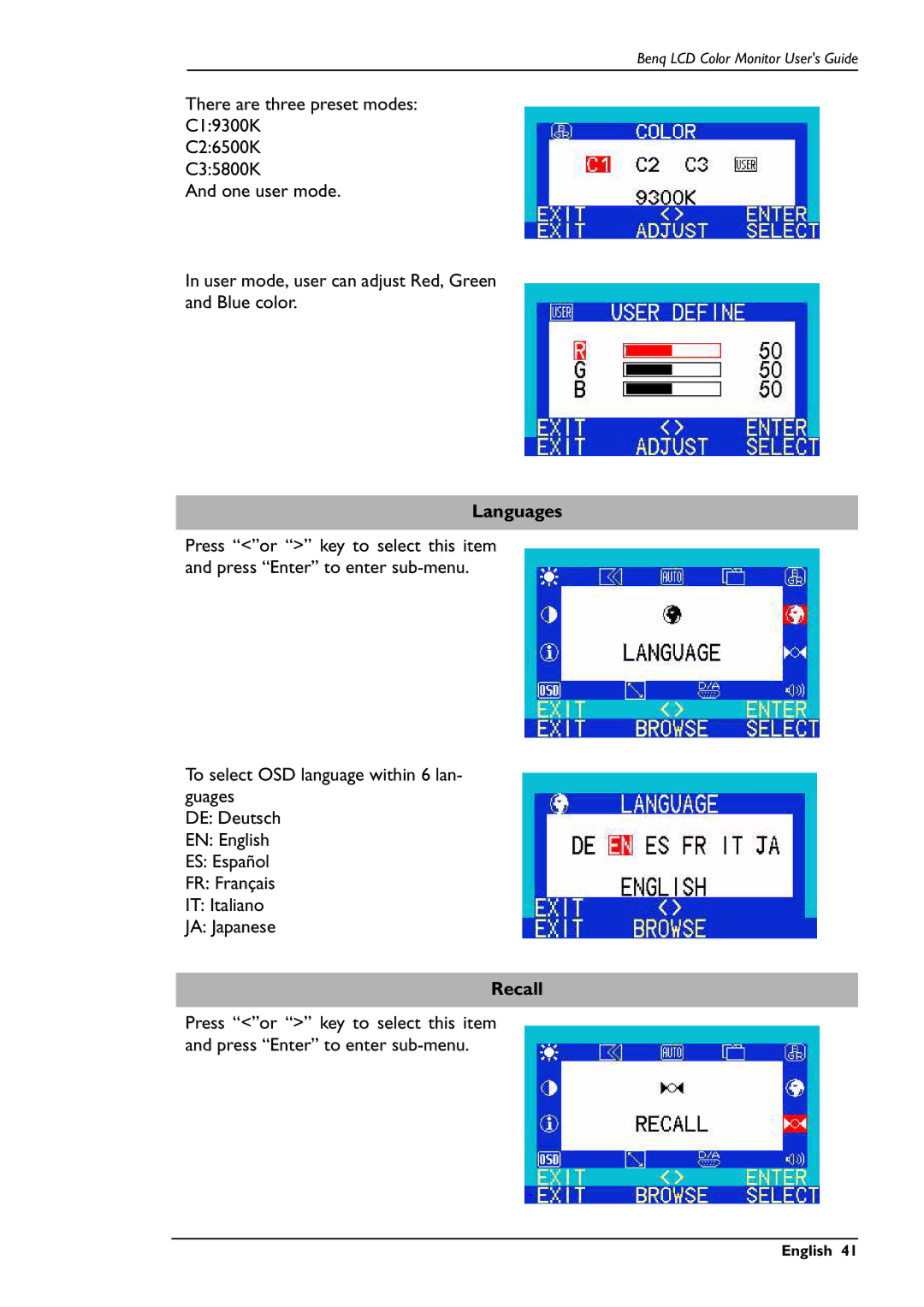 BenQ FP781 user manual Languages, Recall 