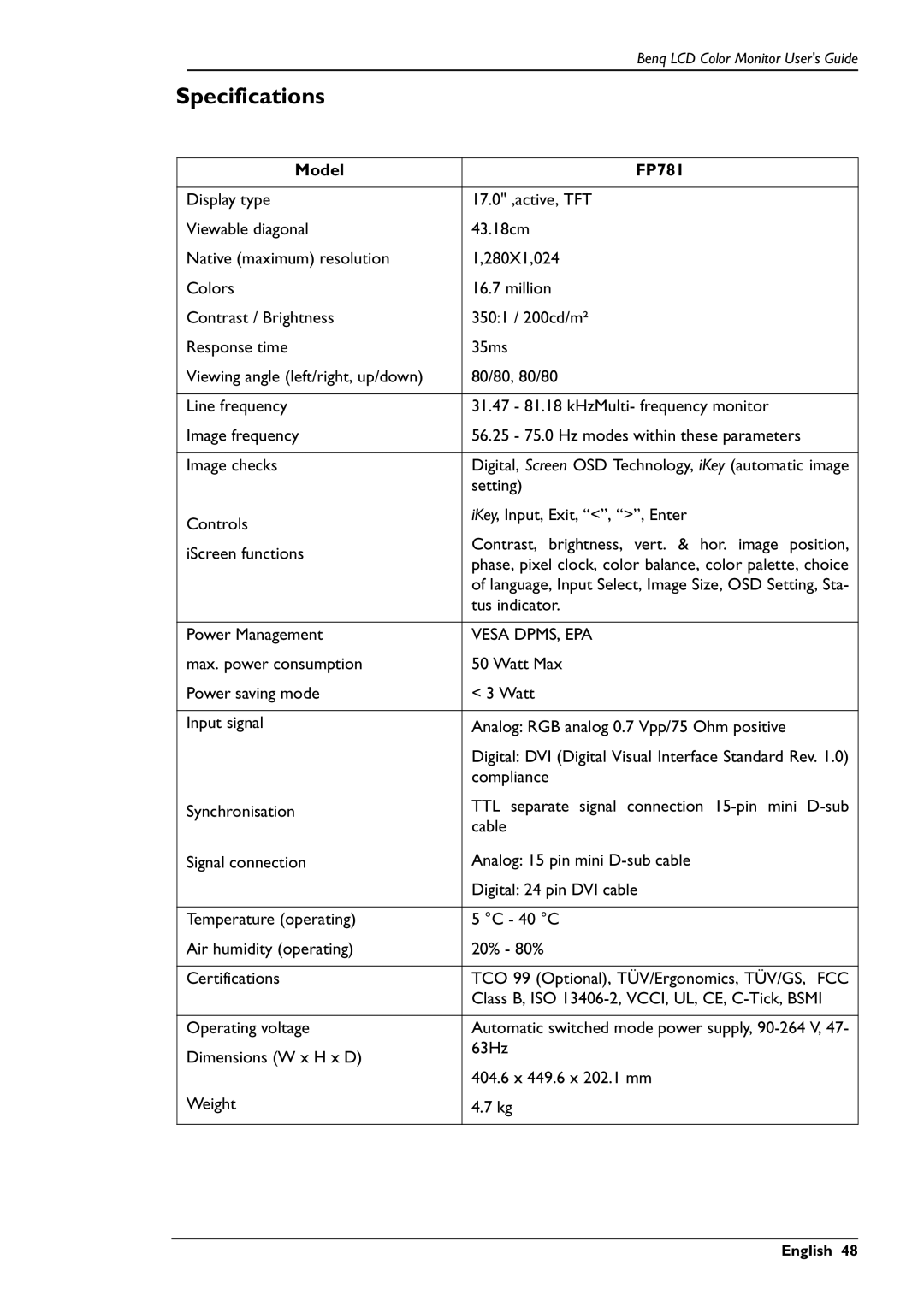 BenQ user manual Specifications, Model FP781 