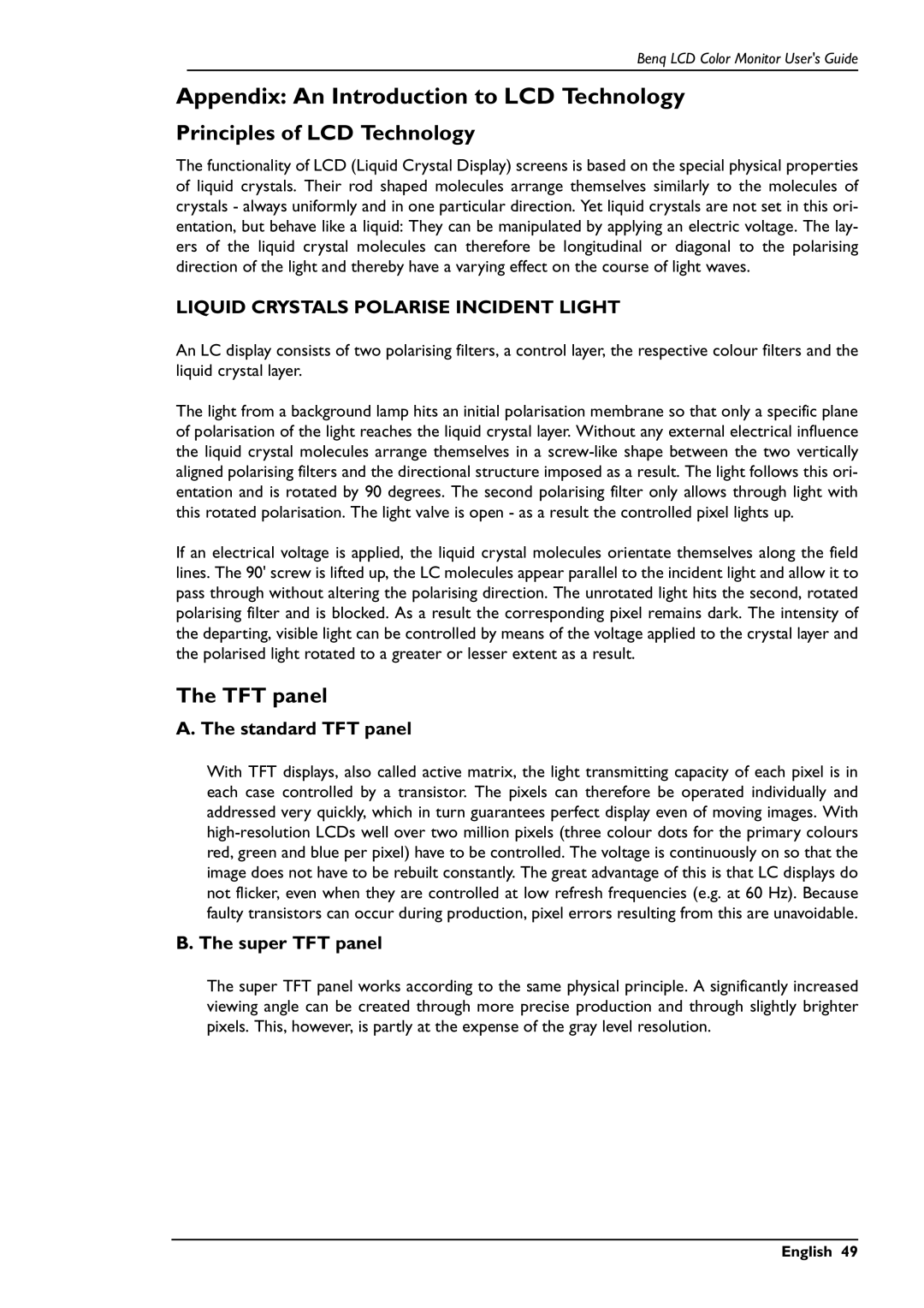 BenQ FP781 user manual Appendix An Introduction to LCD Technology, Principles of LCD Technology, Standard TFT panel 